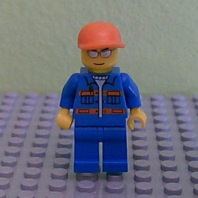 LEGO Minifigure-Blue Jacket with Pockets and Orange Stripes, Blue Legs, Orange Short Bill Cap, Silver Sunglasses-Town / City / Space Port-CTY227-Creative Brick Builders